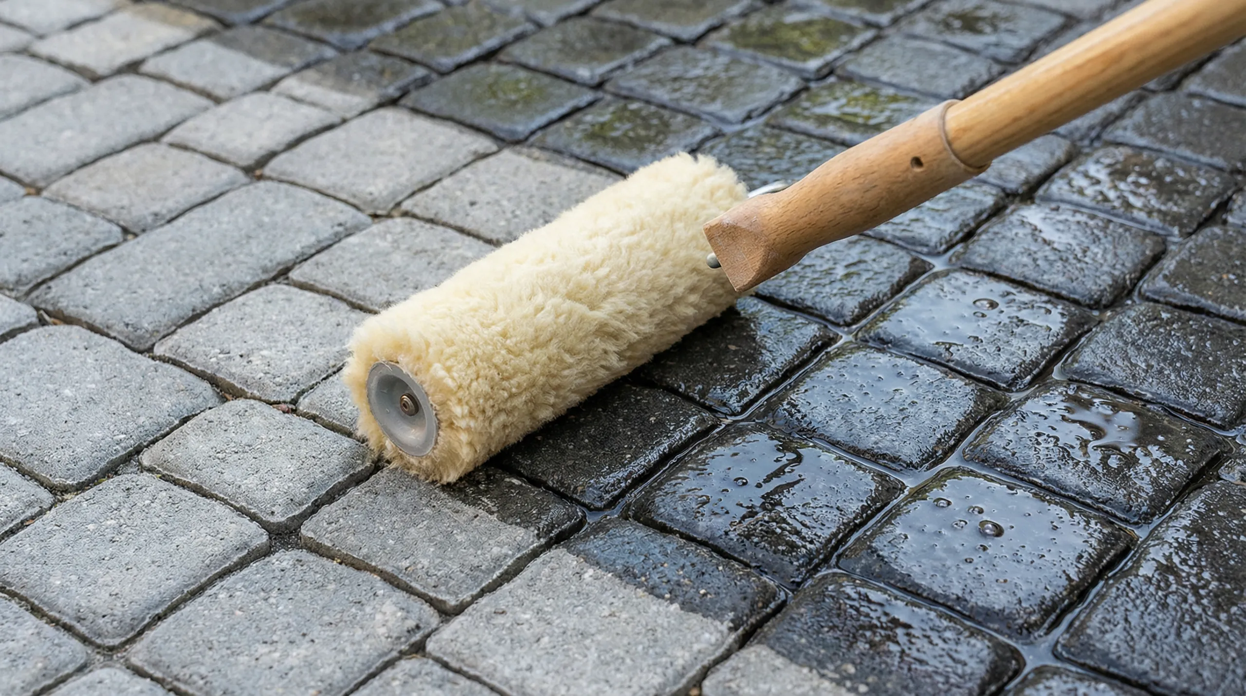 Wałek do mycia kostki brukowej na mokrej, czarnej i szarej nawierzchni