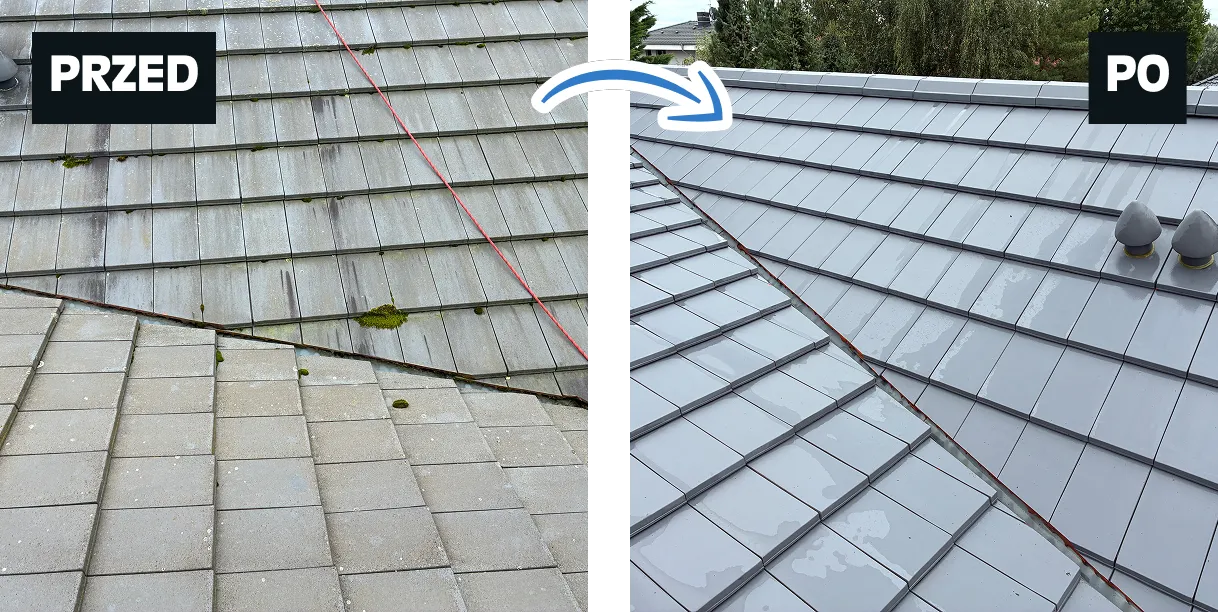 Widok dachu przed i po myciu dachu, z usuniętym mchem i odnowioną powierzchnią