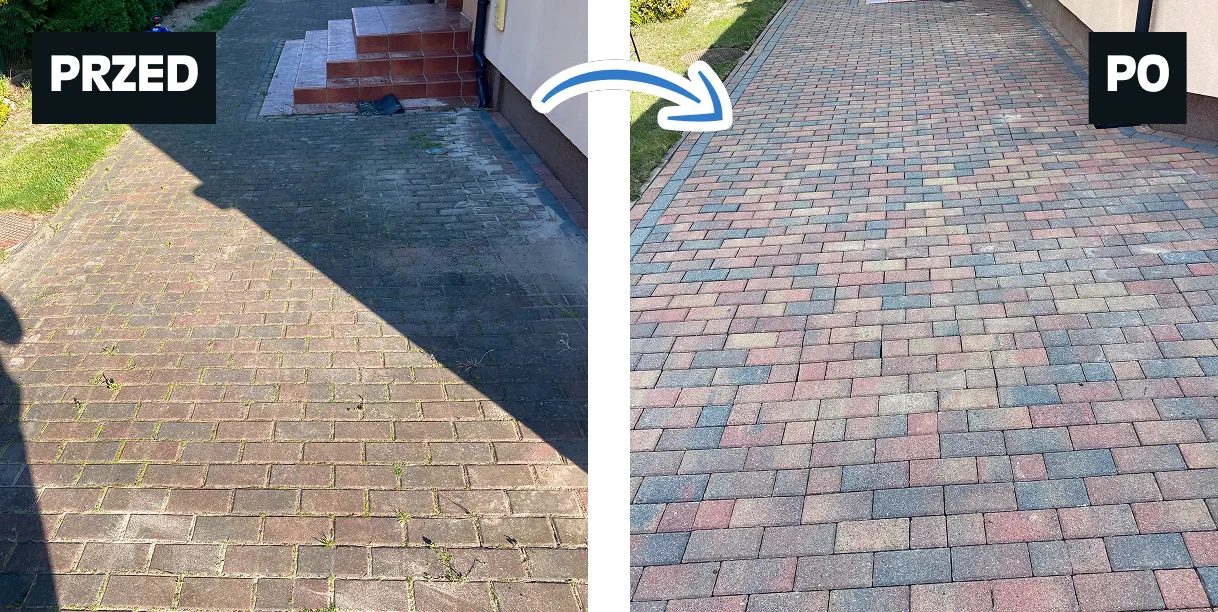Porównanie przed i po myciu kostki brukowej na podjeździe – usunięte zabrudzenia i odświeżona nawierzchnia