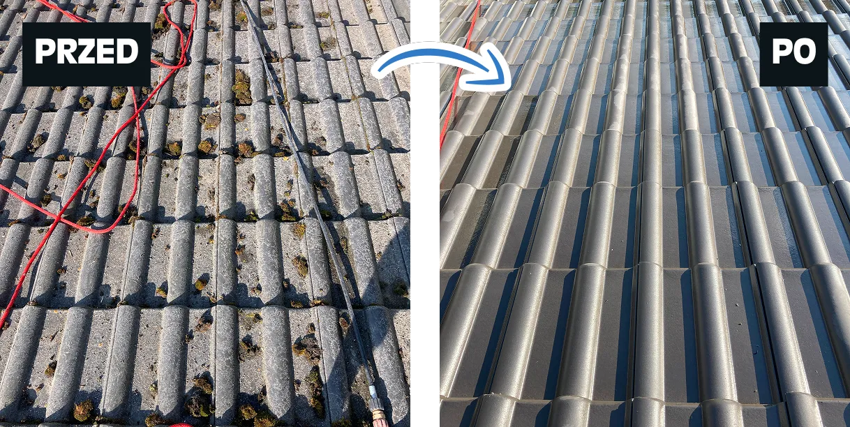 Porównanie stanu dachu przed i po myciu dachu wysokociśnieniowym