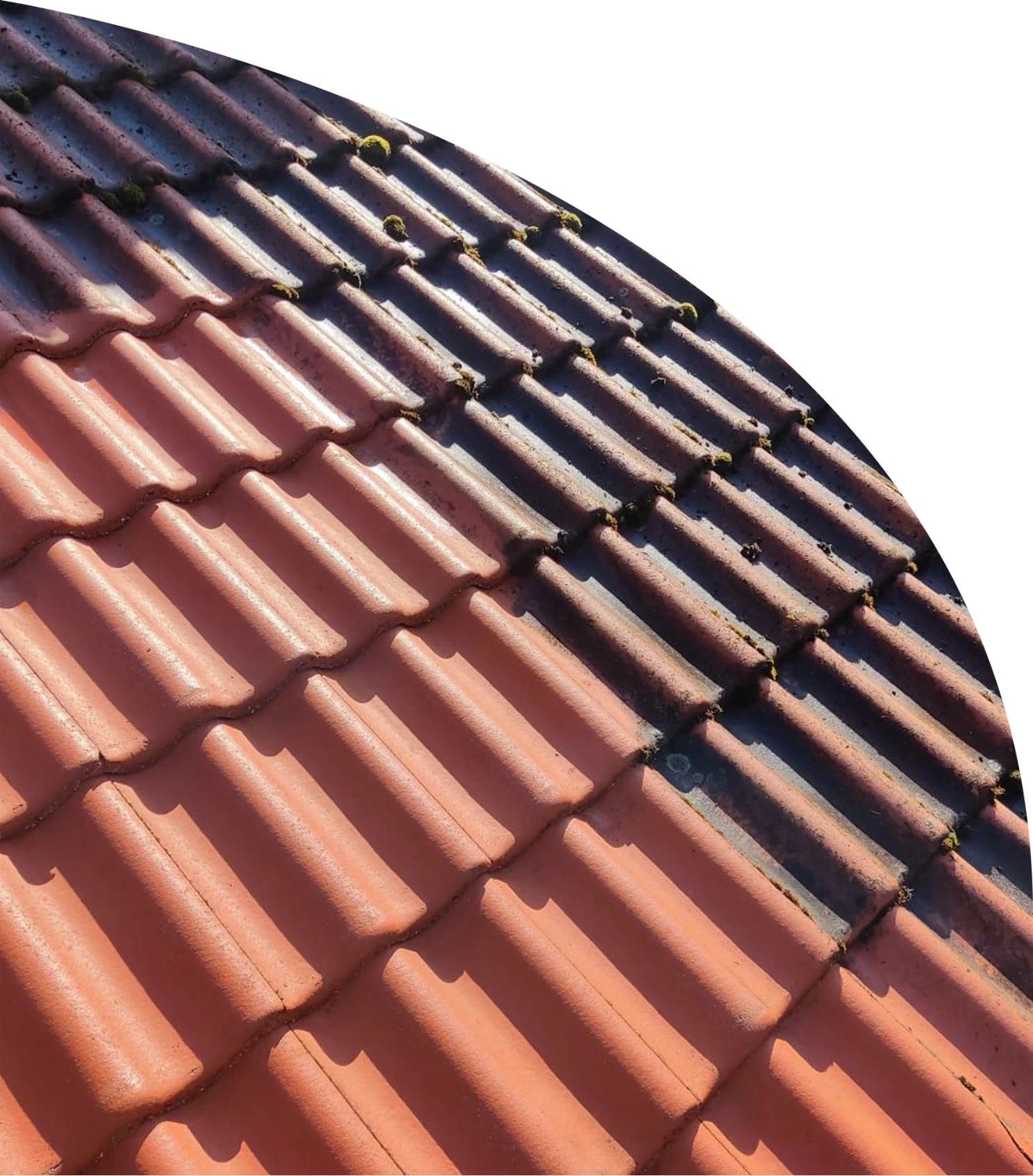 Częściowo umyty czerwony dach z dachówek podczas mycia dachu