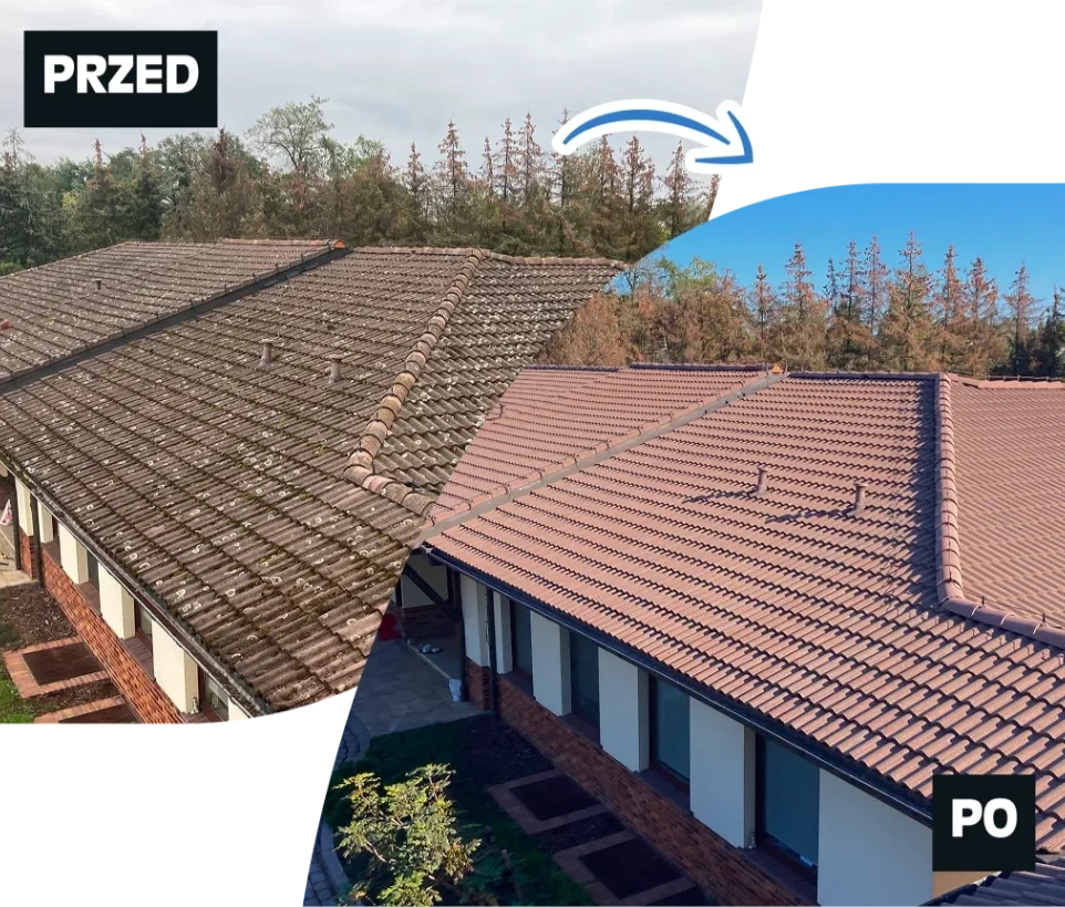 Dach budynku przed i po malowaniu dachów – z brudnych, ciemnych dachówek do świeżego czerwonego pokrycia
